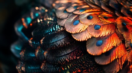 Close-up of iridescent bird feathers, showcasing vibrant orange, teal, and dark brown hues with detailed texture and patterns.