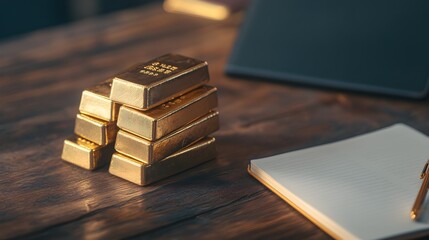 A close-up of gold bullion bars stacked neatly on a wooden table, with a financial planner's notebook open beside them, symbolizing a long-term investment strategy in precious metals 