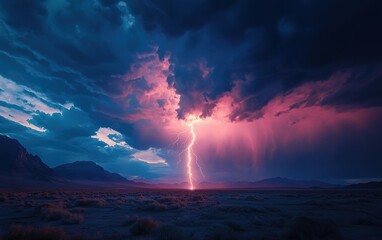 Obraz premium A single, jagged lightning bolt cracking through the sky over a desolate mountain range, creating a breathtaking contrast