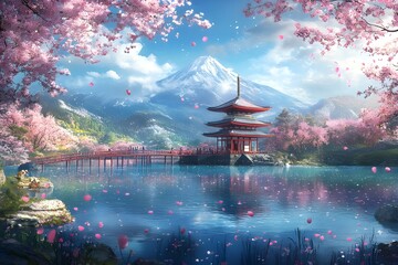 Obraz premium Illustration of a beautiful view of a lake, cherry blossom trees, Mount Fuji and a pagoda temple in Japan