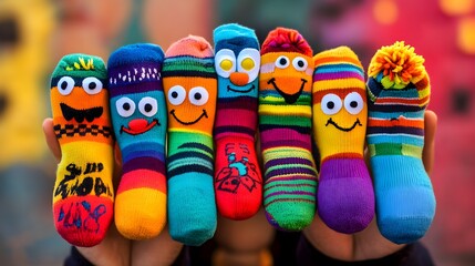 A pair of hands wearing colorful sock puppets with cute, expressive faces, set against a playful background, capturing the creativity and fun of National Sock Day 