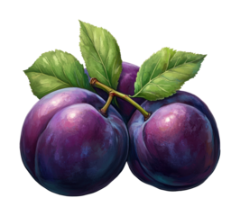 Fresh ripe plums with green leaves on nature high fidelity fruit concept isolated on transparent background png