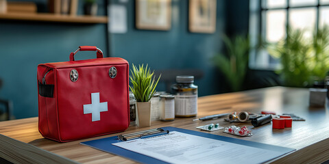 Emergency preparedness first aid kit essentials on a desk indoor office setting informative photo modern environment close-up viewpoint