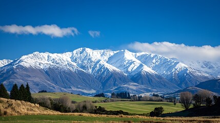 Fototapeta premium A breathtaking view of majestic snow-capped mountains under a bright blue sky, showcasing the stunning contrast between the white peaks and the vibrant landscape below 