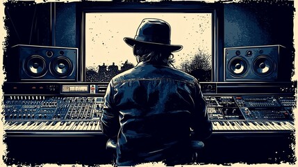 Musician working in recording studio.