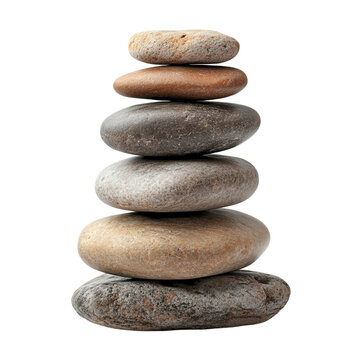 Balanced tower of smooth river stones on a pristine white background, showcasing harmony and tranquility in natural forms