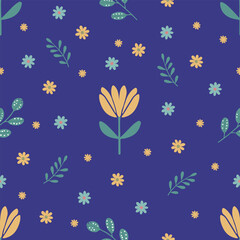 Seamless spring pattern with yellow tulips,  daisies  and green twigs on a violet background