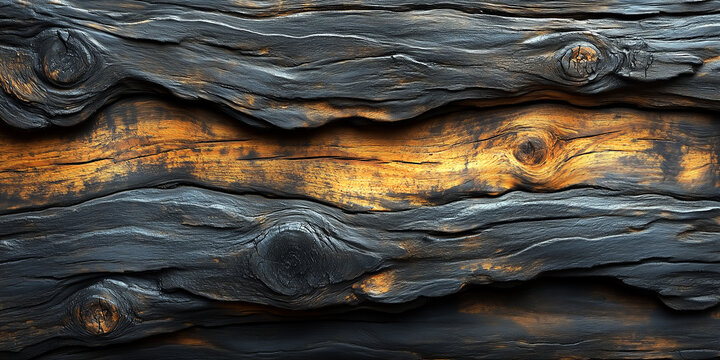 Zbliżenie na zwęglone deski drewniane z pomarańczowymi refleksami i rustykalną fakturą