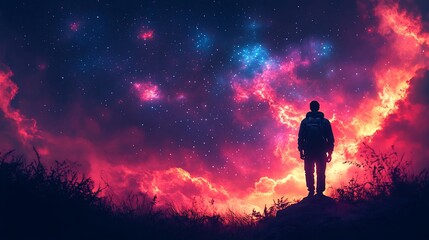 Fototapeta premium Man gazing at nebula, night sky, hilltop, vibrant clouds, space exploration
