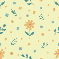 Seamless spring pattern with yellow chamomile,  daisies  and green twigs on a yellow background