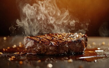 Fototapeta premium A steak with sizzling juices and visible steam, suspended on a rich brown backdrop