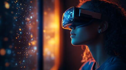 Woman exploring VR world, futuristic city background, tech concept