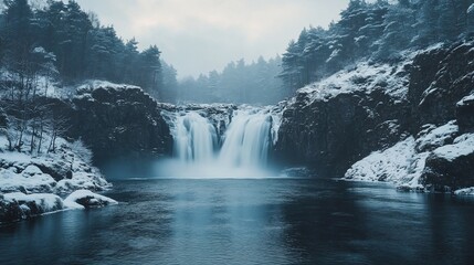 Fototapeta premium Winter waterfall, snowy landscape, Japan, serene, nature