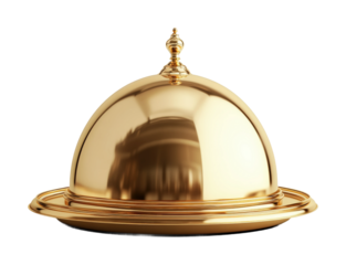 Elegant gold restaurant cloche tray on high fidelity culinary presentation luxurious dining setting isolated on transparent background png