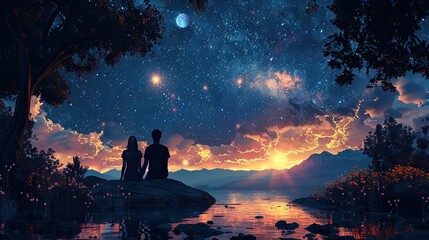 Obraz premium Stargazing Night: A couple spends a magical evening under the stars