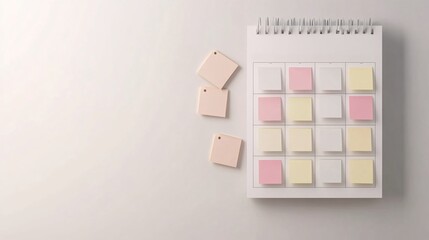 Notepad with sticky notes on pastel background. Copy space for text.