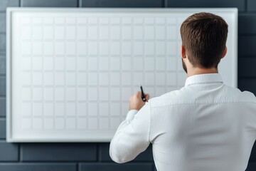 Time management tips concept. Professional man writing on a blank whiteboard in a modern office setting.