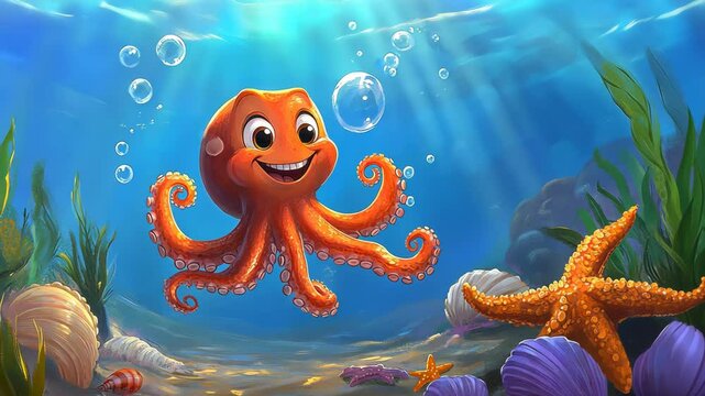 Colorful cartoon octopus swims happily in a vibrant underwater scene with shells and starfish