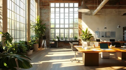 A bright and inviting office meeting room filled with natural sunlight streaming through large windows, where a diverse group of professionals is engaged in a collaborative discussion; the atmosphere 