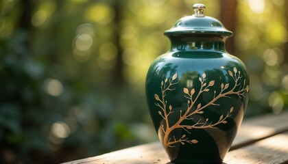 Green urn with ashes, decorated with golden leaf branches, placed on a wooden surface with a sunny background.Cremation urn, memorial decor, outdoor tribute, funeral home decoration, calm space.


