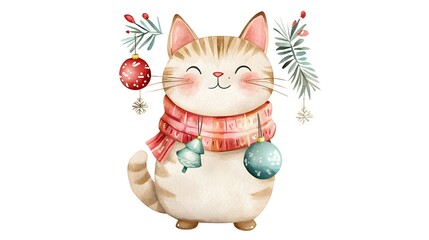 Fototapeta premium A charming boho-style Christmas cat clipart featuring a playful feline adorned with festive accessories such as a colorful scarf and holiday ornaments; the watercolor illustration is rendered 