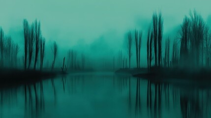 Obraz premium Misty river landscape at dawn with trees reflected in calm water