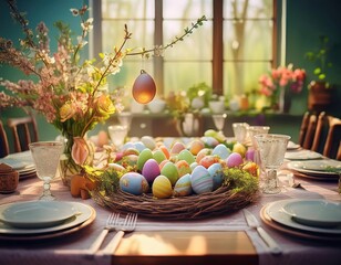 A festive table setting adorned with a colorful egg centerpiece and spring flowers invites joy.
