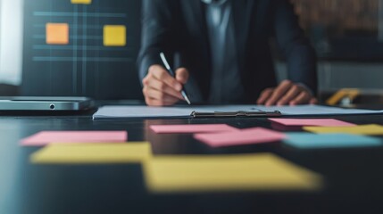 Emotional intelligence skills concept. Professional writing on a desk with colorful sticky notes in the background.