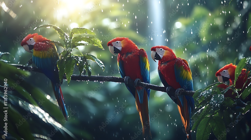 Wall mural Four scarlet macaws perched on a branch in the rain.