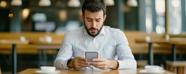 Emotional intelligence skills concept. Man using smartphone in a modern café setting.
