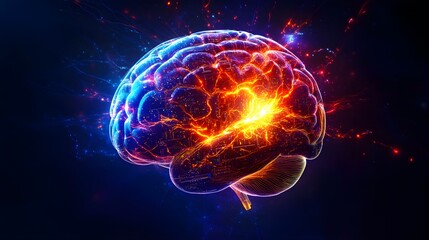 Naklejka premium A striking 3D illustration of a glowing AI-powered chip seamlessly integrated into a human brain, with intricate neural pathways highlighted; the vibrant light emanating from the chip symbolizes 