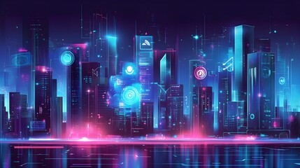 Fototapeta premium A stunning 3D illustration of a futuristic cityscape illuminated by vibrant neon lights, showcasing advanced AI technology controlling various elements like traffic and energy systems; sleek 