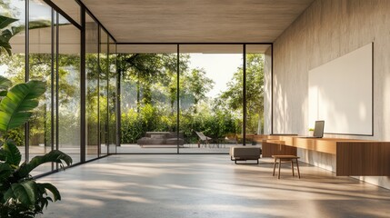 Obraz premium Modern minimalist home office with large windows overlooking lush garden.