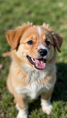 Puppy with reddish-brown fur and white markings sitting on grass.Pet care, puppy adoption, animal welfare, promotional materials, event banner, pet shop marketing.Joy. Friendship. Playfulness. A s



