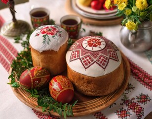 Colorful Easter eggs sit beside beautifully decorated pastries on a festive table.