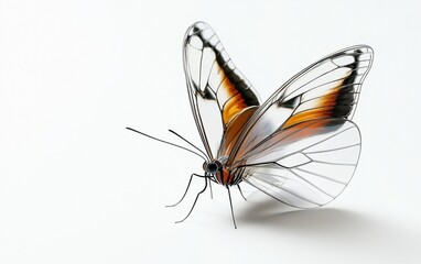 An elegant Glasswing butterfly with transparent wings outlined in black, delicately posed on a white background