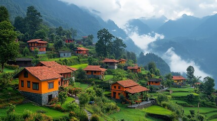 Fototapeta premium Mountain village houses, misty valley, terraced fields, tourism