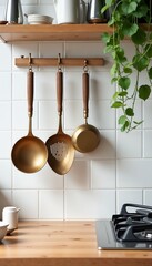 Kitchen utensils hanging on wall with wooden rack and green plant.Interior design, kitchen promotion, home decor, culinary equipment, home kitchen setup.Functionality.practicality and comfort.



