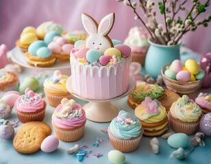 A joyful gathering of Easter sweets showcases pastel cupcakes, cookies, and decorated eggs.