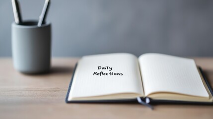 Fototapeta premium Self-awareness practices concept. Open notebook on a wooden table next to a pen holder.