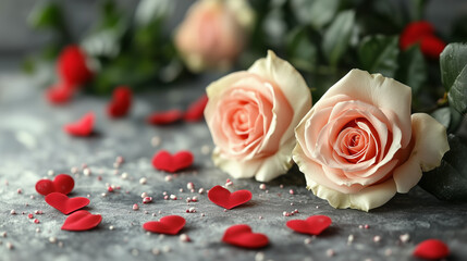 Soft peach roses lie elegantly on a textured surface, surrounded by red heart-shaped confetti and sprinkles, creating a romantic, Valentine's Day-inspired ambiance.