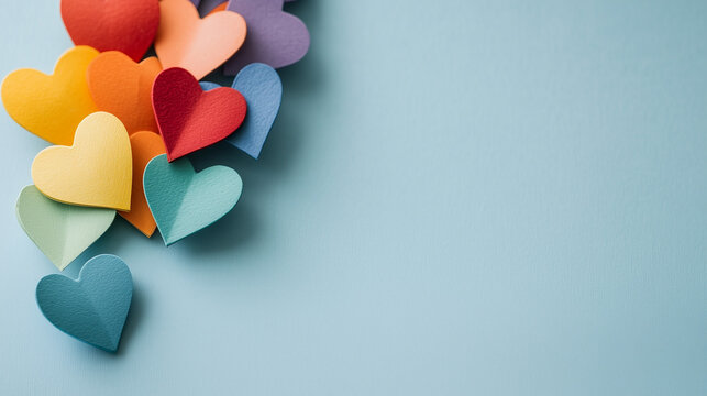 Vibrant paper hearts in rainbow colors arranged on a pastel blue surface, with empty space for text. Perfect for Valentine's Day, love, LGBTQ pride, and creative designs.