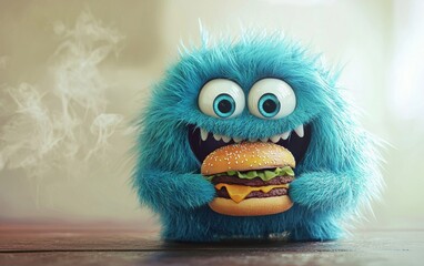 Obraz premium cute bright furry monster eat burger smiled and happy