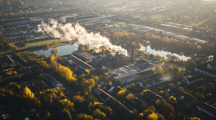 An image of a factory emitting smoke near a residential area, symbolizing the health risks posed by environmental pollution. The contrast between industrial activity and nearby homes highlights 