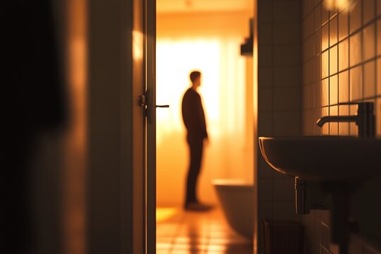 A silhouette of a man in a dimly lit bathroom seen from a doorway with warm orange light in the background symbolizing diabetes symptom frequent urination