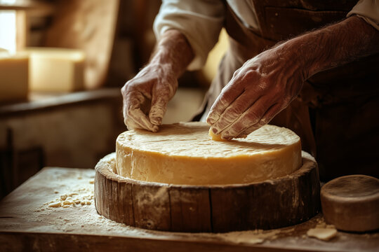 A cheesemaker shaping cheese wheels in a traditional workshop illuminated by warm light symbolizing craftsmanship and tradition
