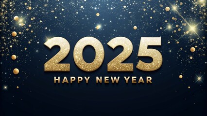 Naklejka premium a digital greeting card for the new year 2025. The background is dark blue with gold glitter particles scattered all over it.