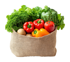 Eco-friendly shopping bag filled with fresh vegetables kitchen counter high fidelity healthy lifestyle top view sustainability isolated on transparent background png