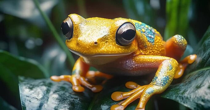 Golden frog rainforest closeup, vibrant foliage