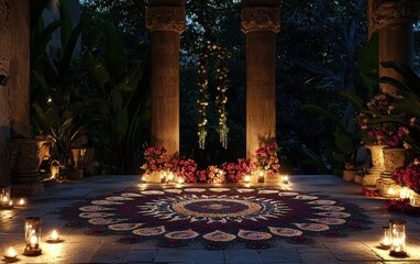 Fototapeta premium Elegant rangoli featuring a mix of powdered hues and fresh flowers, illuminated by diya lamps in a serene setting